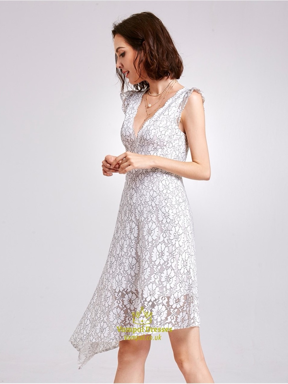 V-Neck White Lace Midi Dress with Cap Sleeves